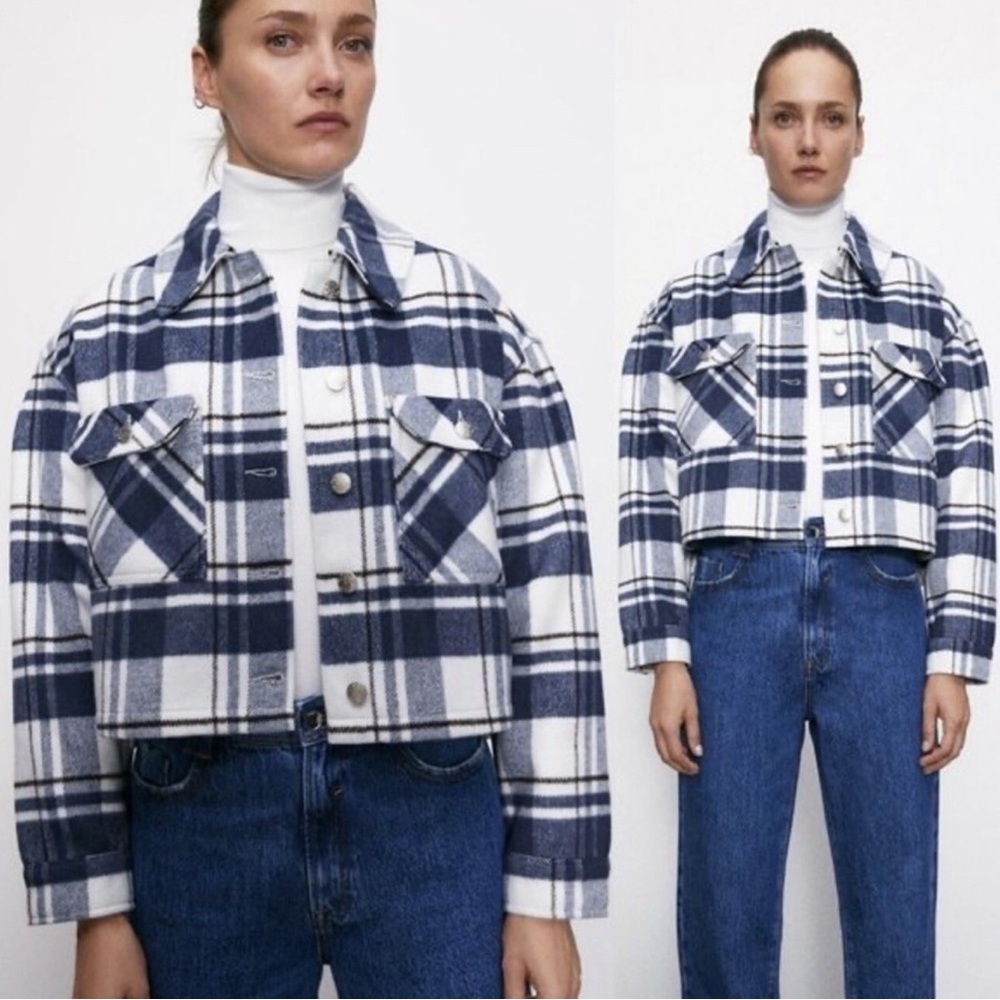 ZARA Women's Blue and White Checkered Jacket